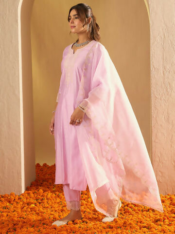 Women's Lavender Embroidered Straight Kurta Trousers With Dupatta Set