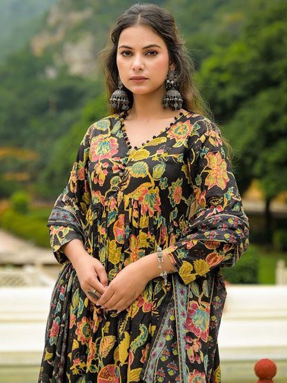 Dhiyona KL Floral Printed Straight Pure Cotton Kurta With Trouser & Dupatta