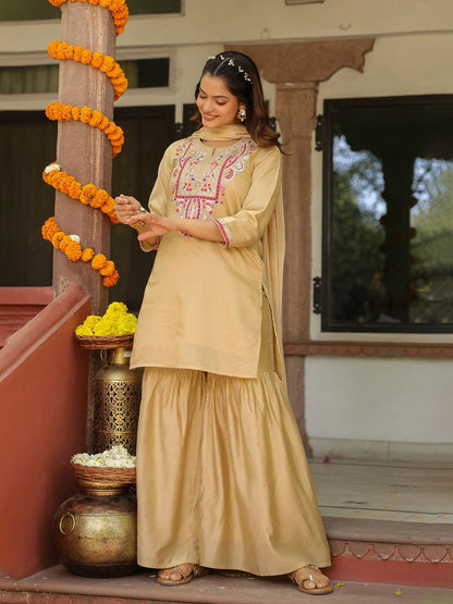 Dhiyona SC Women Beige Chanderi Silk Embroidered Sharara Set