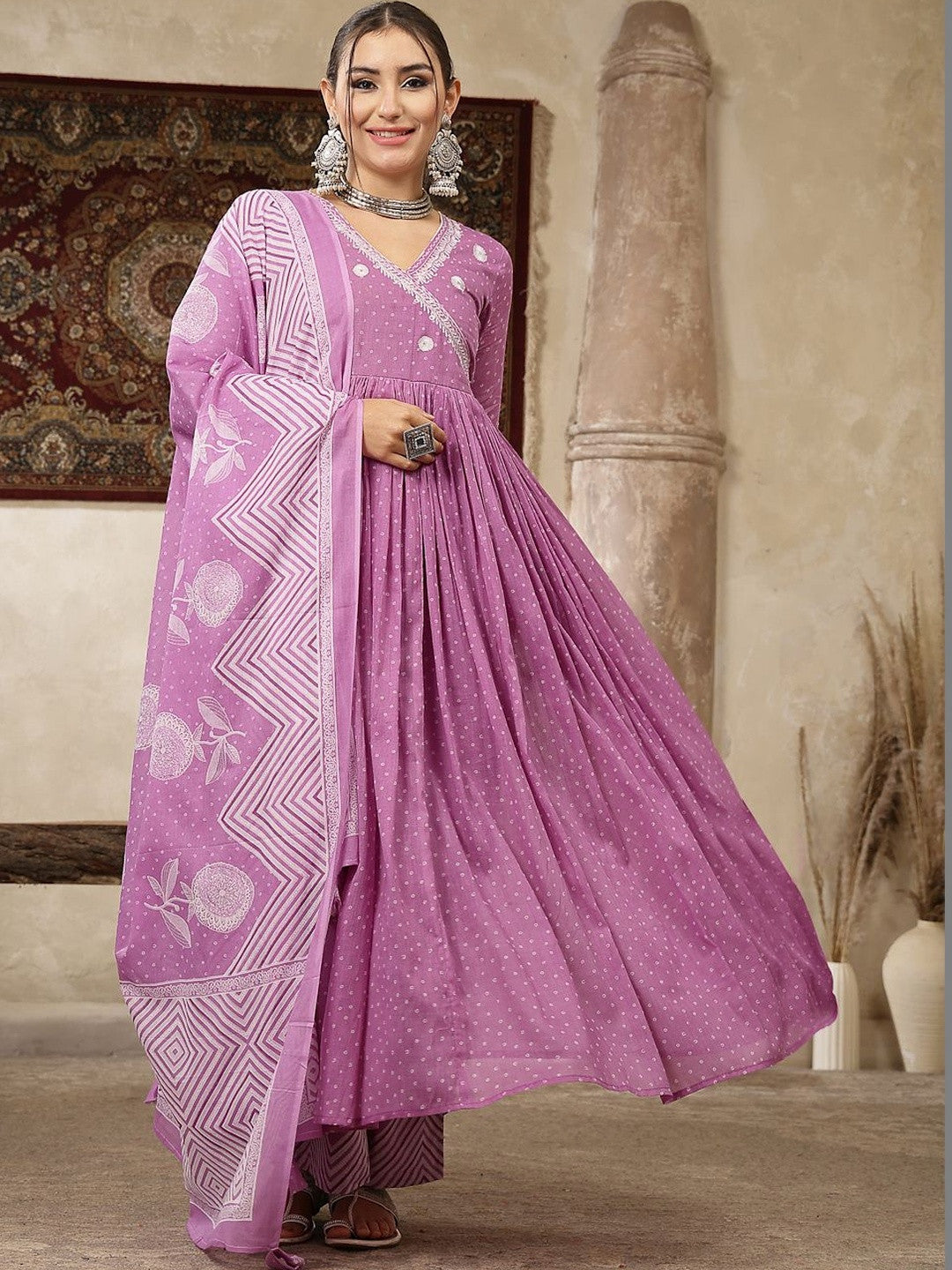 Dhiyona SN Women Ethnic Motifs Printed Angrakha Thread Work Pure Cotton Kurta with Palazzos & With Dupatta