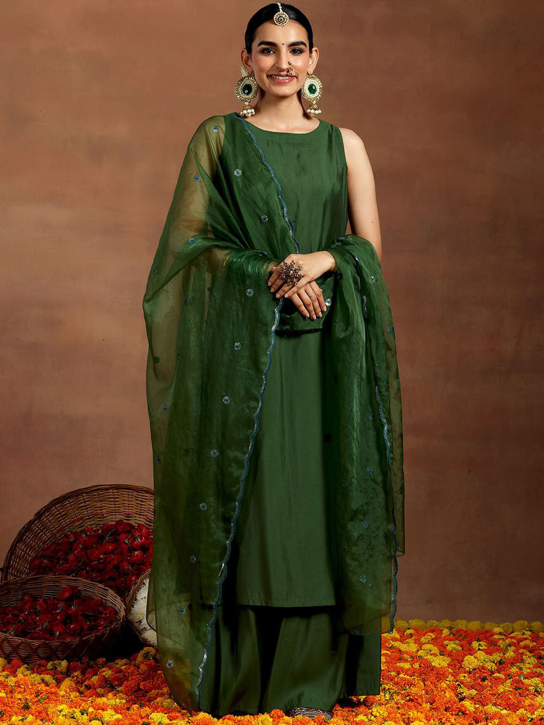 Straight Kurta With Palazzos & Dupatta