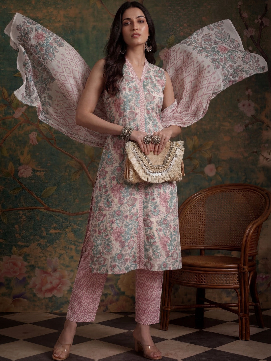 Printed Pure Cotton V-Neck Kurta & Trousers With Dupatta