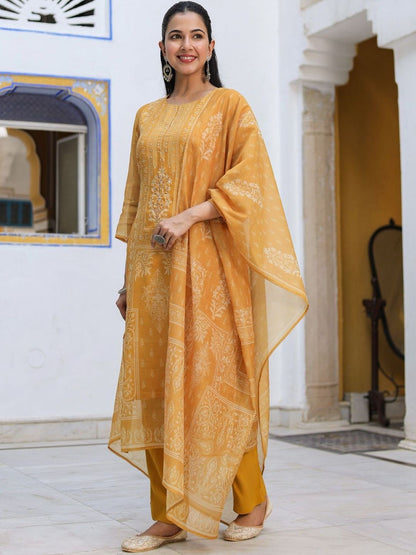 Dhiyona RR Women's Ethnic Motifs Printed Chanderi Cotton Kurta With Trousers & Dupatta