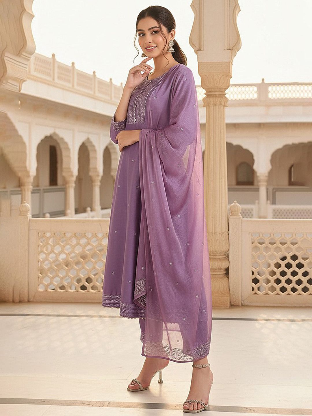 Dhiyona KL Floral Printed Gotta Patti Anarkali Kurta with Trousers & With Dupatta