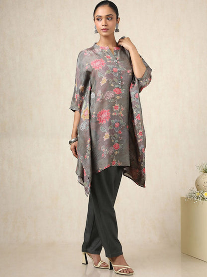 Dhiyona SO Women's Floral Printed Mandarin Collar Kaftan Pure Cotton Kurti With Trousers