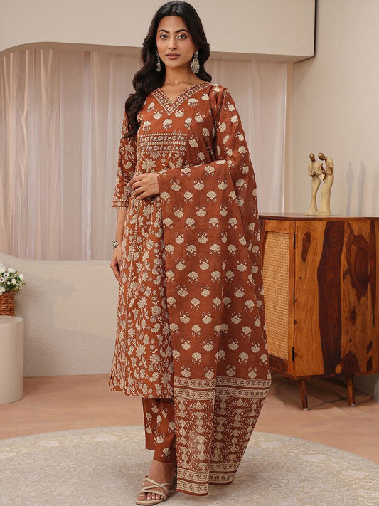 Rust Floral Printed Cotton Straight Suit Set