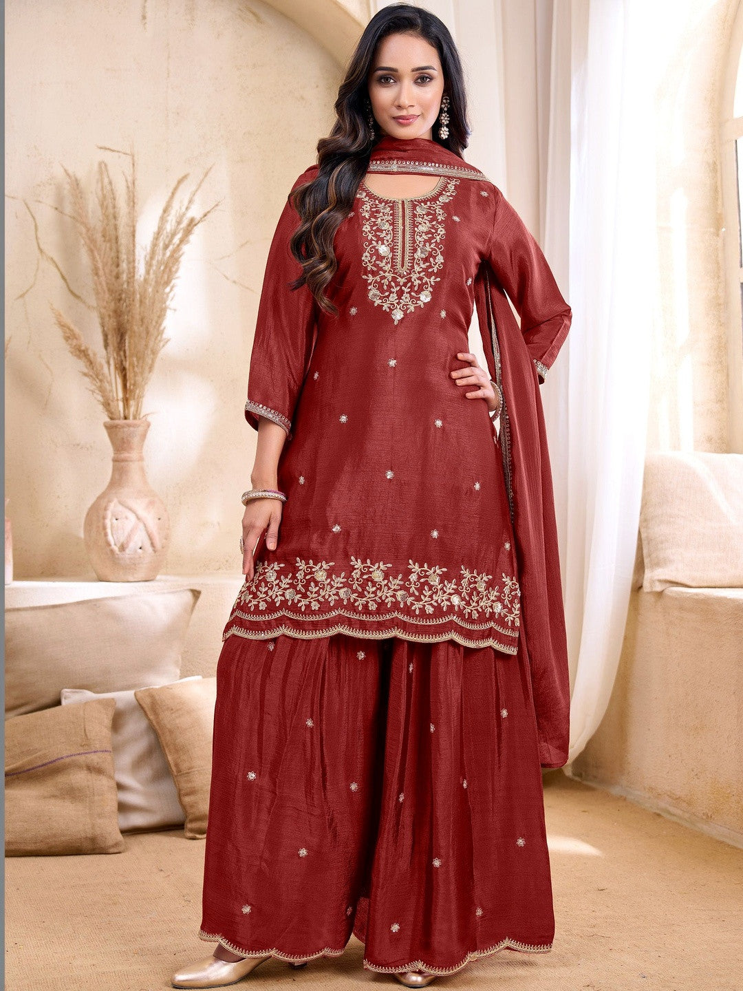 Embroidered Round Neck Kurta & Palazzos With Dupatta