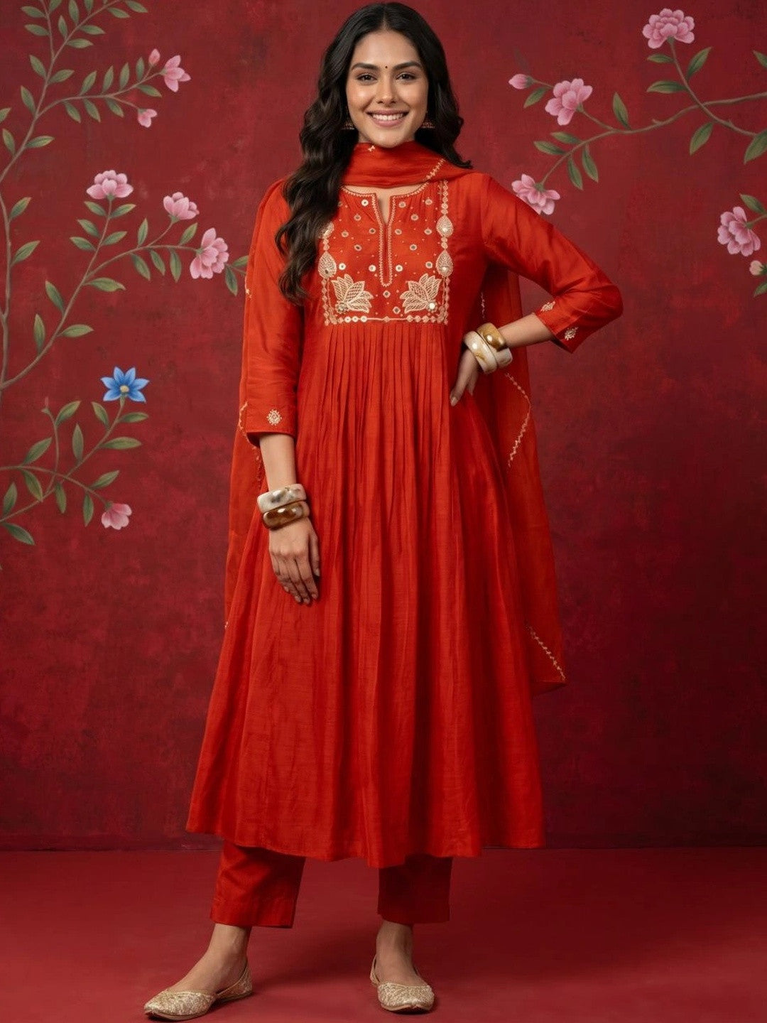 Dhiyona SN Women Ethnic Motifs Embroidered Regular Mirror Work Pure Silk Kurta with Trousers & With Dupatta