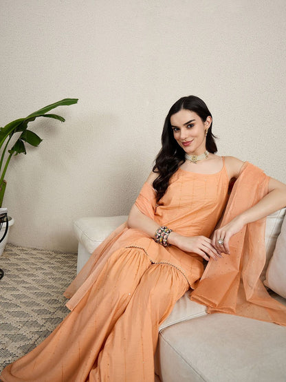 Dhiyona HOP Women Embroidered Sequinned Kurti with Sharara & Dupatta