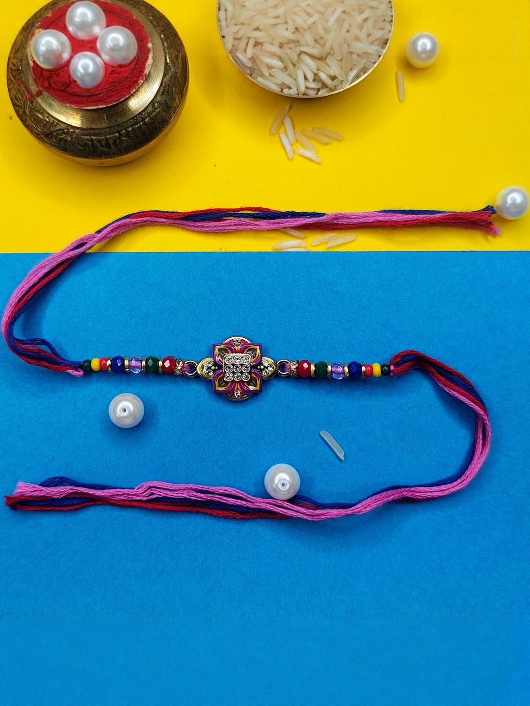 Dhiyona Set Of 3 Beaded Cotton Thread with AD Stones & Meenakari Designer Rakhi for Brother