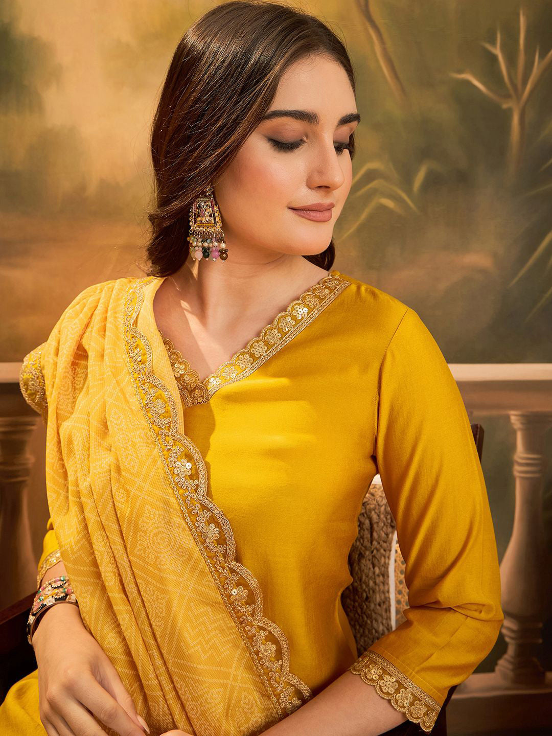 Floral Yoke Design V-Neck Sequinned Roman Silk Kurta With Trousers & Dupatta