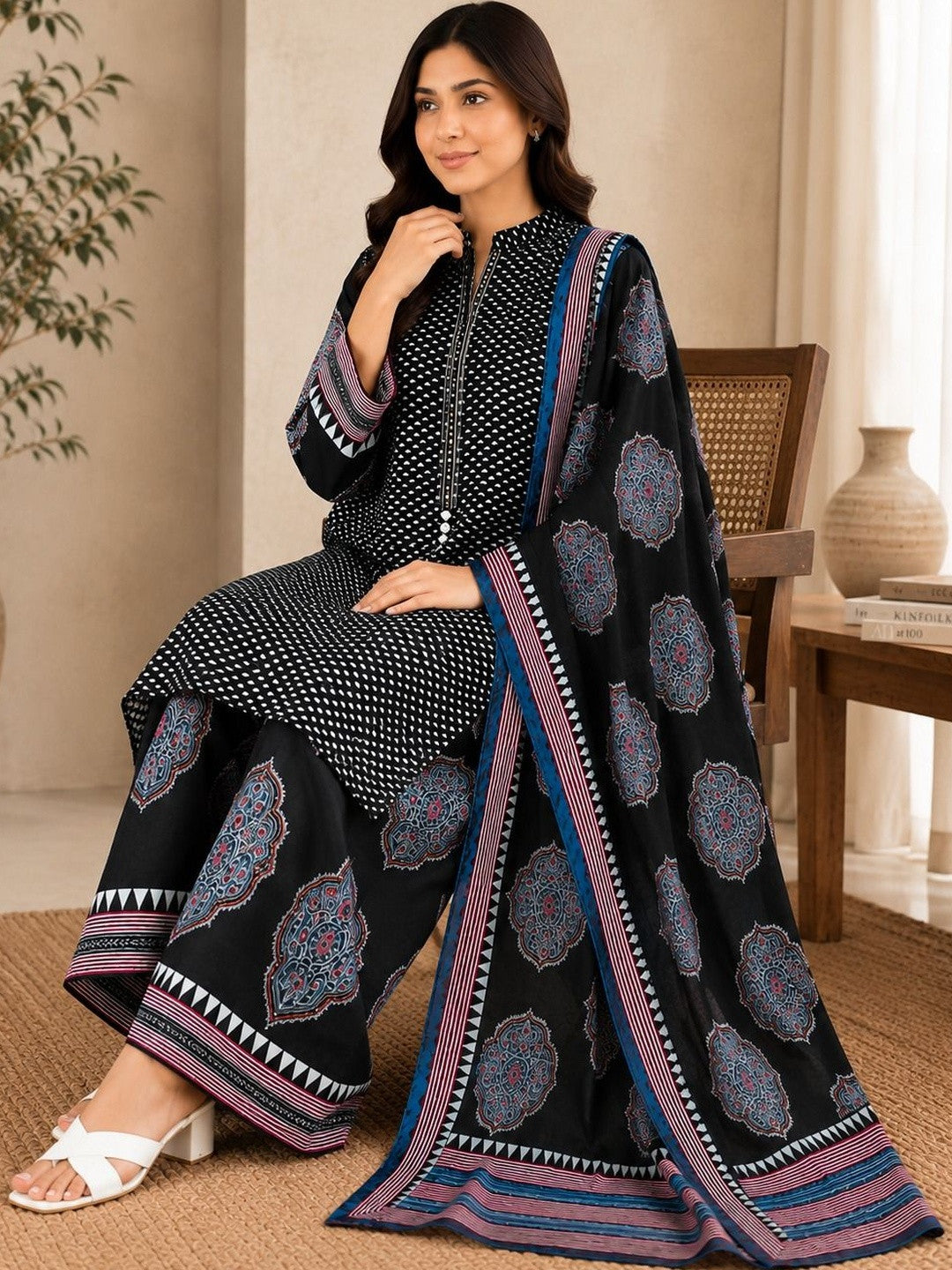 Women Ethnic Motifs Printed Regular Pure Cotton Kurta with Palazzos & With Dupatta