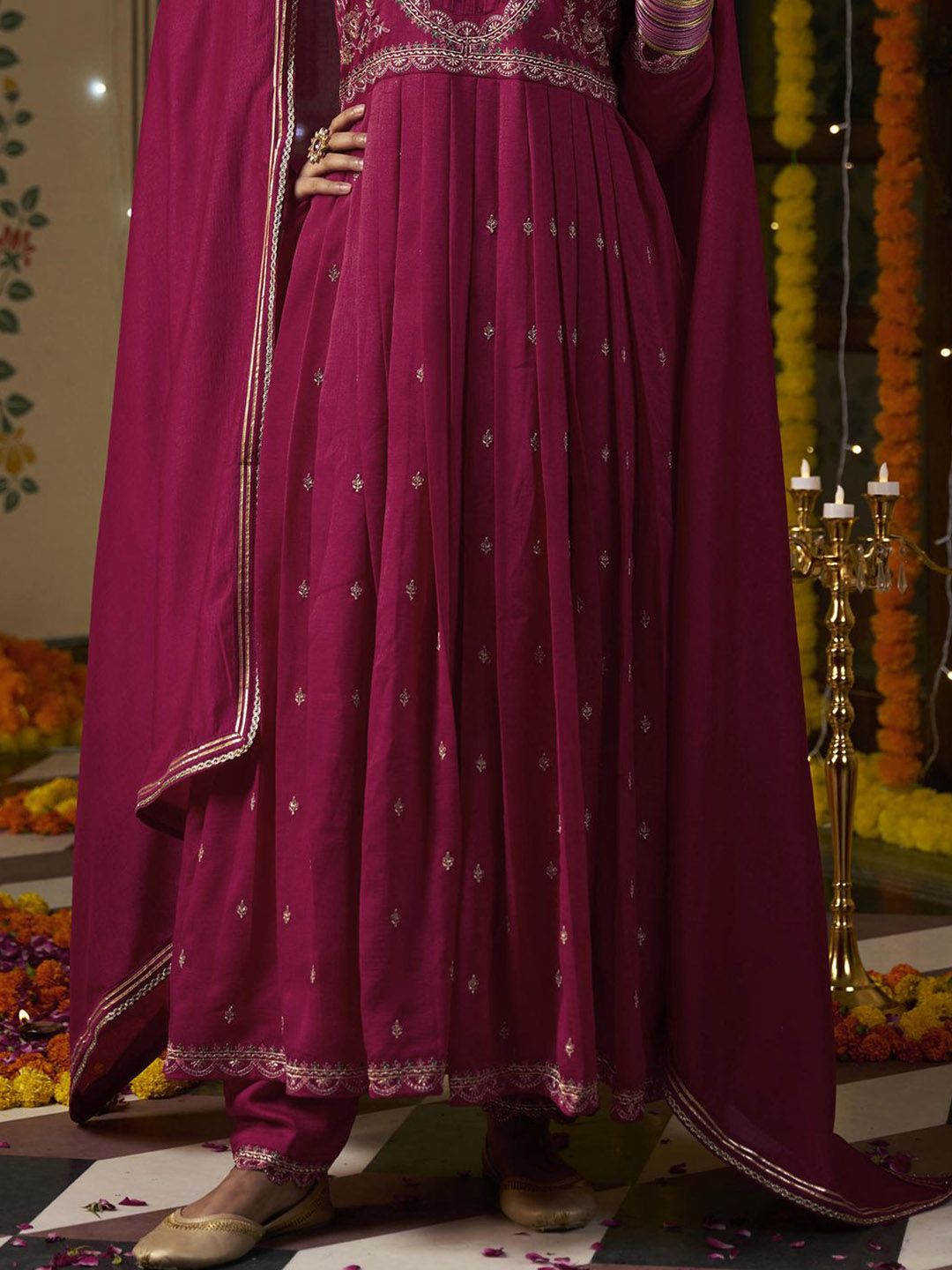 Dhiyona CH Women Ethnic Motifs Embroidered Pleated Sequinned Kurta with Trousers & With Dupatta