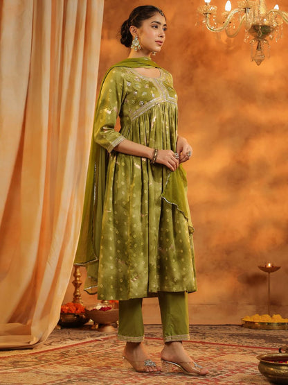 Dhiyona RR Women's Bandhani Printed Pure Cotton Anarkali Kurta with Trousers & Dupatta