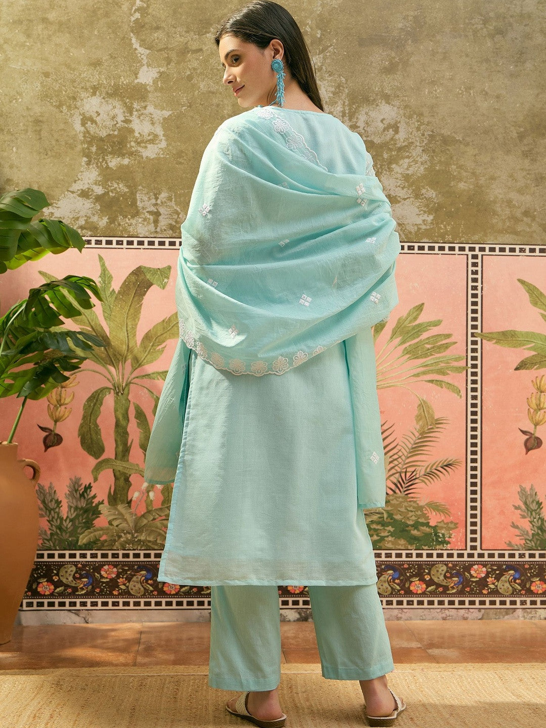 Women Ethnic Motifs Embroidered Regular Mirror Work Pure Cotton Kurta with Trousers & With Dupatta