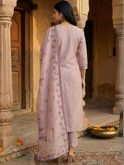 Peach Women Floral Embroidered Regular Chanderi Silk Kurta with Trousers & With Dupatta