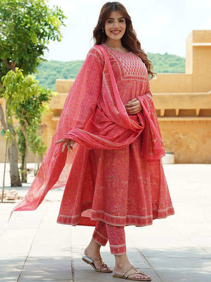 Dhiyona KL Floral Printed Regular Pure Cotton Anarkali Kurta with Trousers & Dupatta