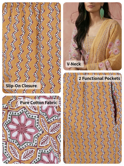 Floral Printed Sequinned Regular Pure Cotton Kurta with Pyjamas & Dupatta