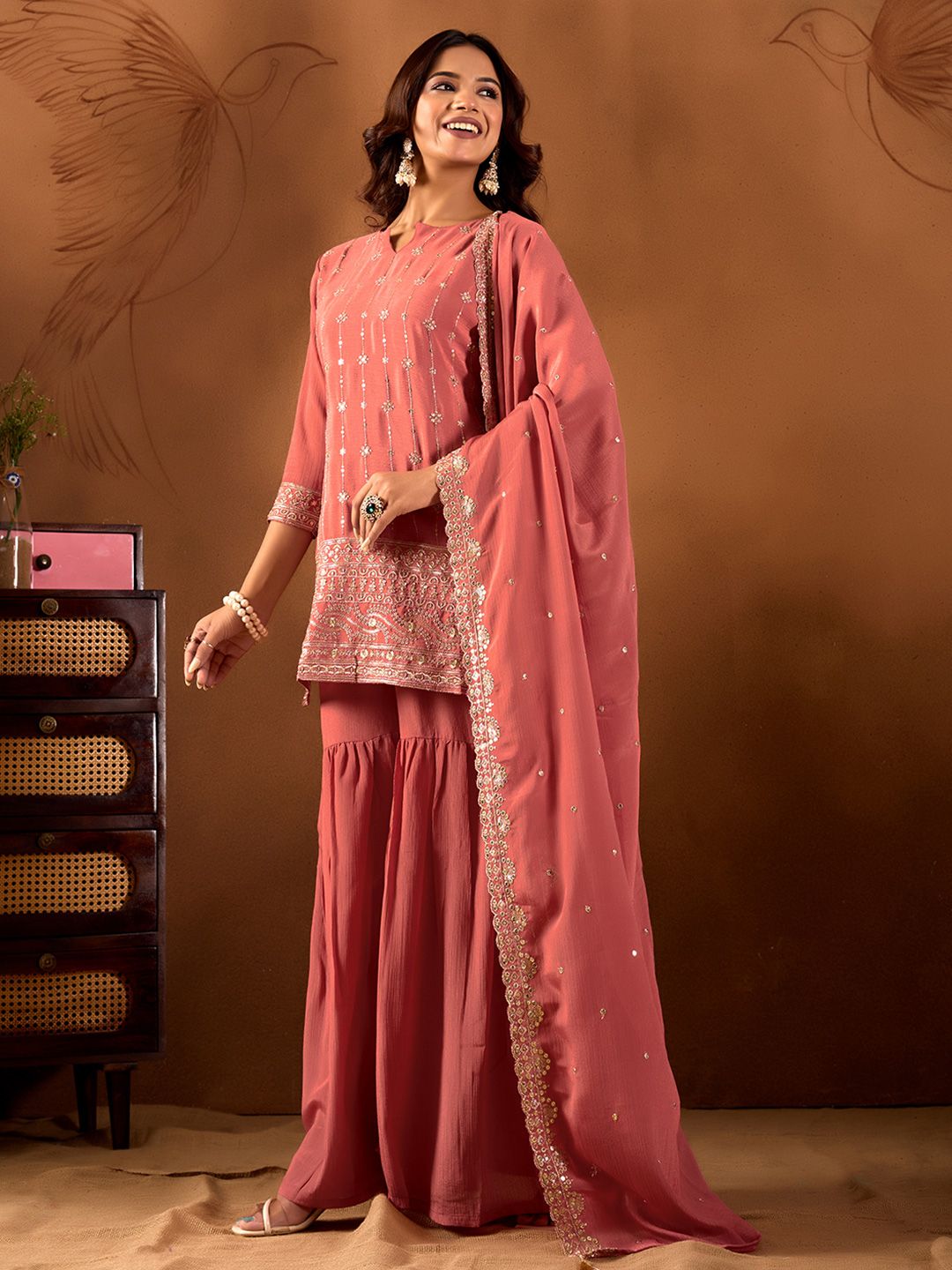 Dhiyona AN Women Ethnic Motifs Embroidered Regular Sequinned Kurta with Sharara & With Dupatta