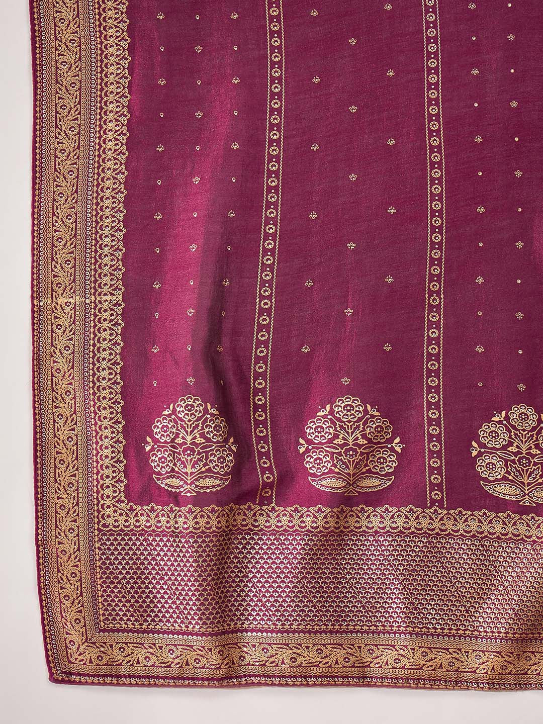 Foil Printed Embroidered Kurta With Trouser & Dupatta
