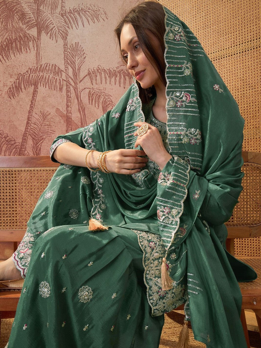 Embroidered Round Neck Kurta & Sharara With Dupatta