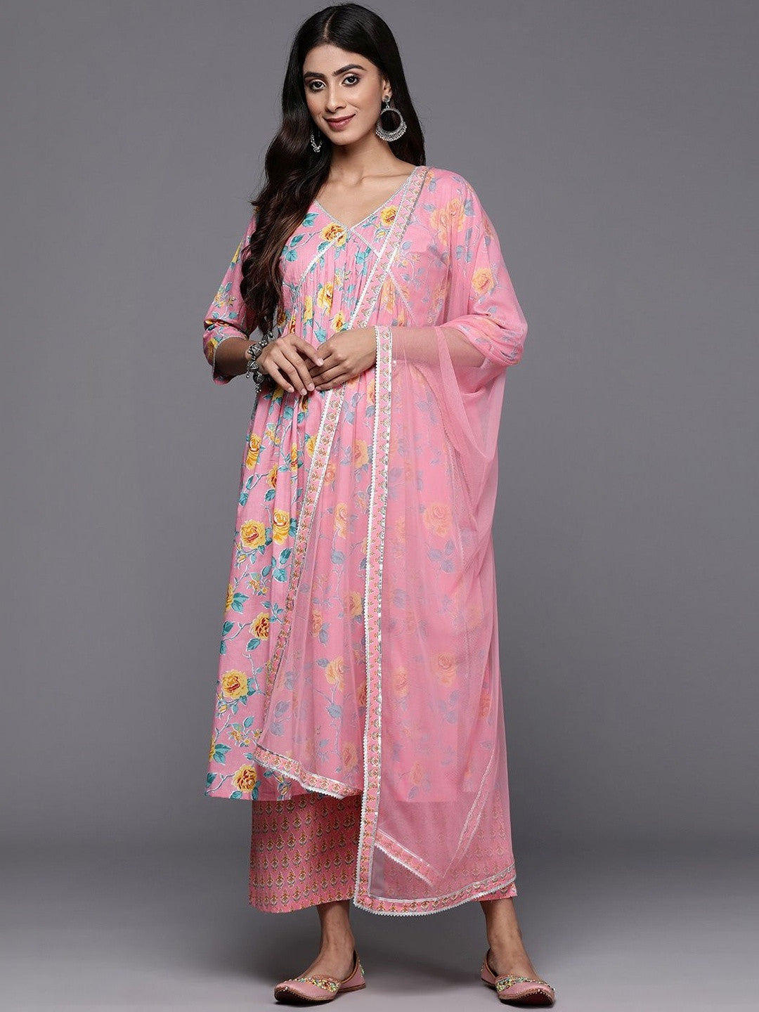 Women Floral Printed Tiered Kurta with Palazzos & With Dupatta