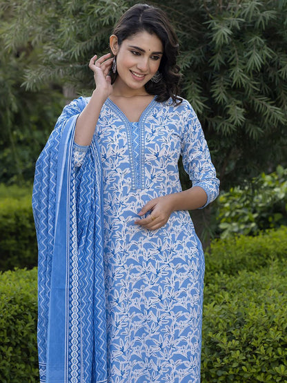 Dhiyona KL Floral Printed Mirror Work Straight Pure Cotton Kurta With Trousers & Dupatta