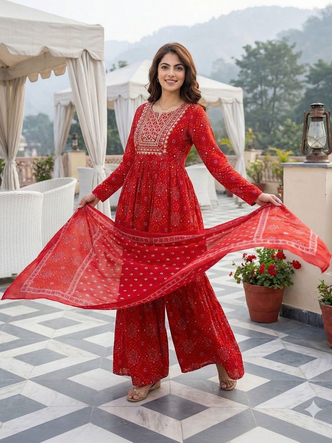 Dhiyona AN Women Ethnic Motifs Printed Empire Thread Work Pure Cotton Kurta with Sharara & With Dupatta