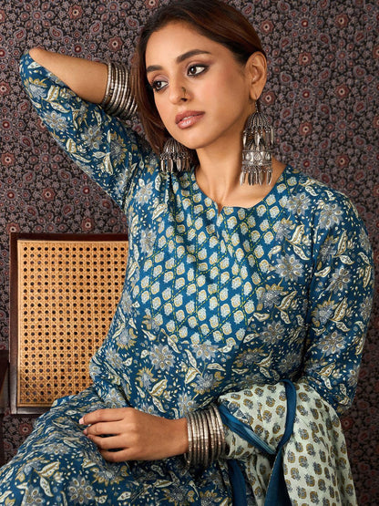 Floral Printed Pure Cotton Straight Kurta Trousers With Dupatta