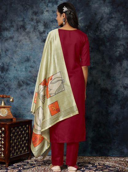 Women Straight Cotton Blend Digital Print Kurta Pant With Assam Silk Dupatta