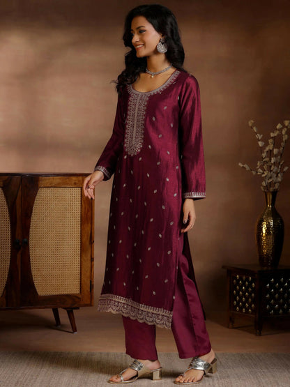 Women's LB Maroon Embroidered Silk Blend Straight Suits With Dupatta