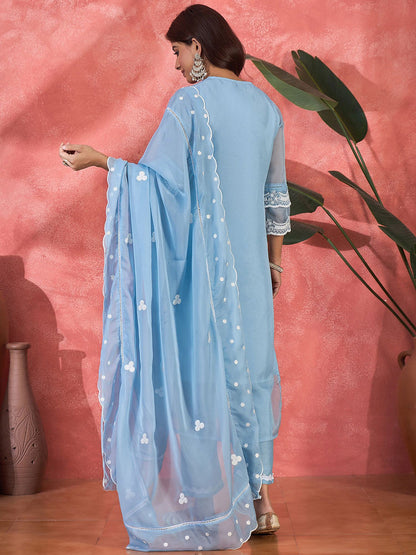Embroidered V-Neck Chikankari Organza Kurta With Trousers And Dupatta