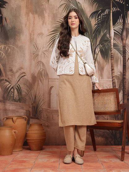 Geometric Self-Design Straight Winter Kurta with Trousers & Jacket