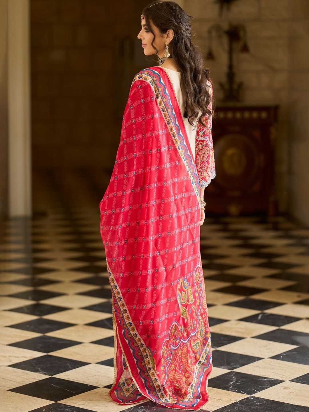Ethnic Motifs Printed V-Neck Thread Work Kurta With Trousers & With Dupatta