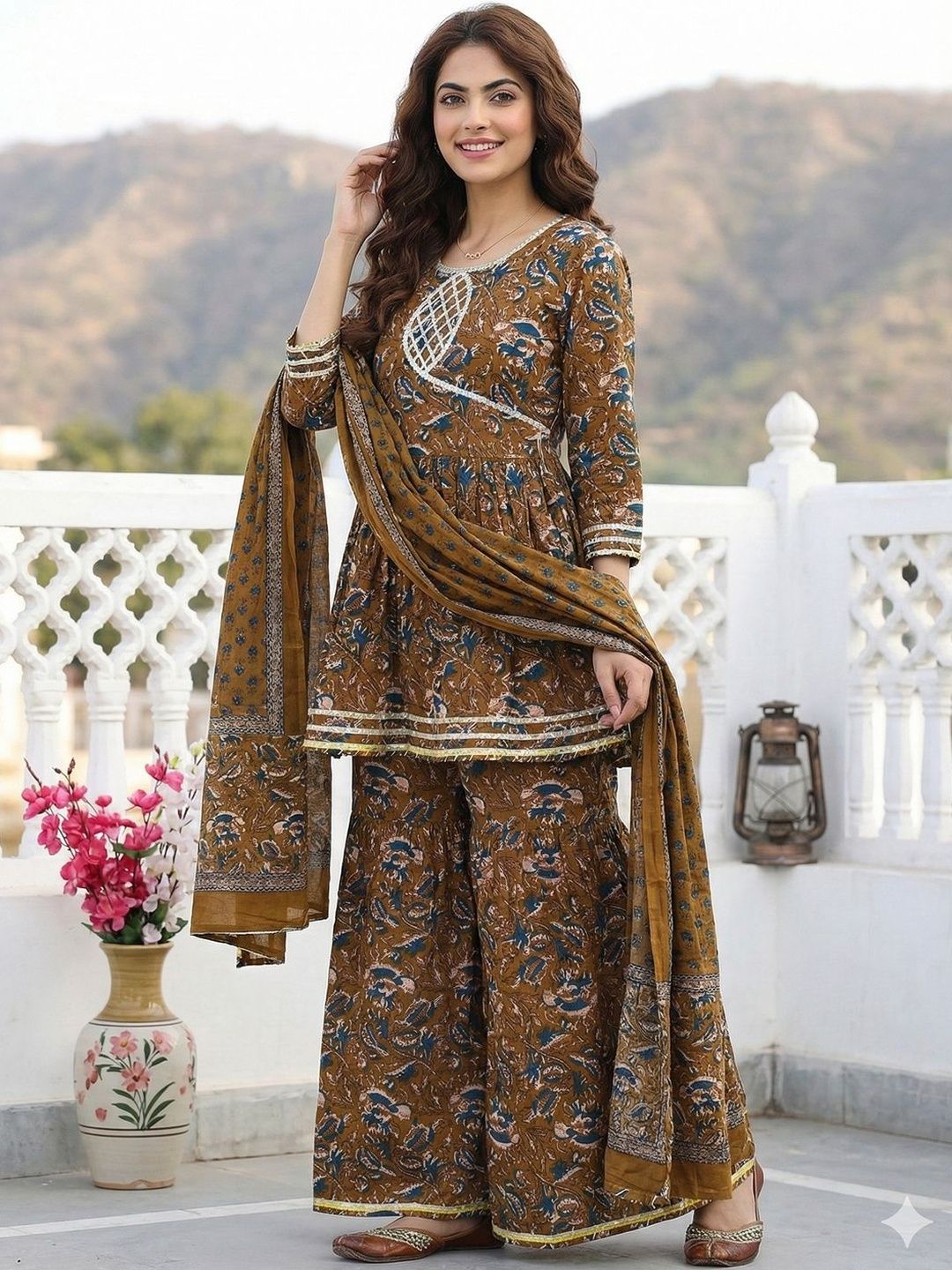 Dhiyona AN Women Floral Printed Angrakha Patchwork Pure Cotton Kurta with Sharara & With Dupatta