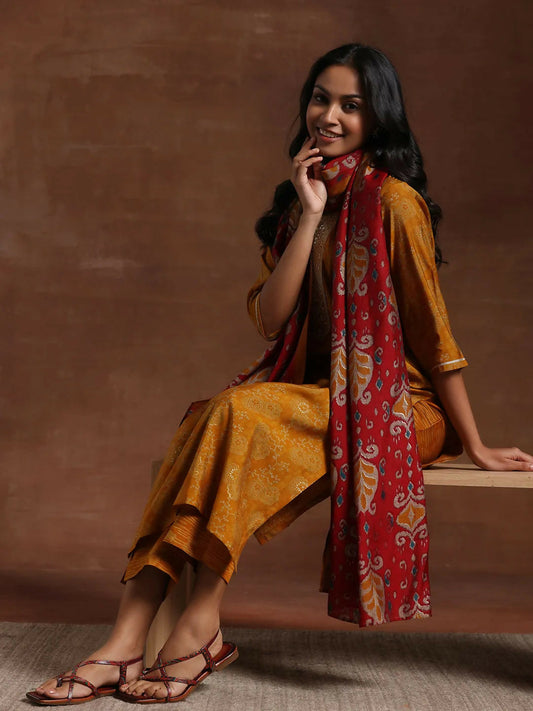 Women's LB Mustard Printed Silk Blend Straight Suit With Dupatta