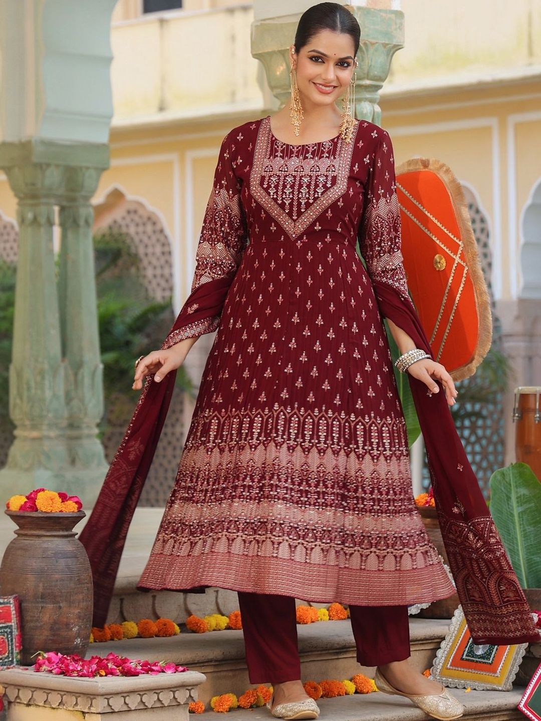 Dhiyona RR Women's Ethnic Motifs Printed Regular Kurta with Trousers & With Dupatta