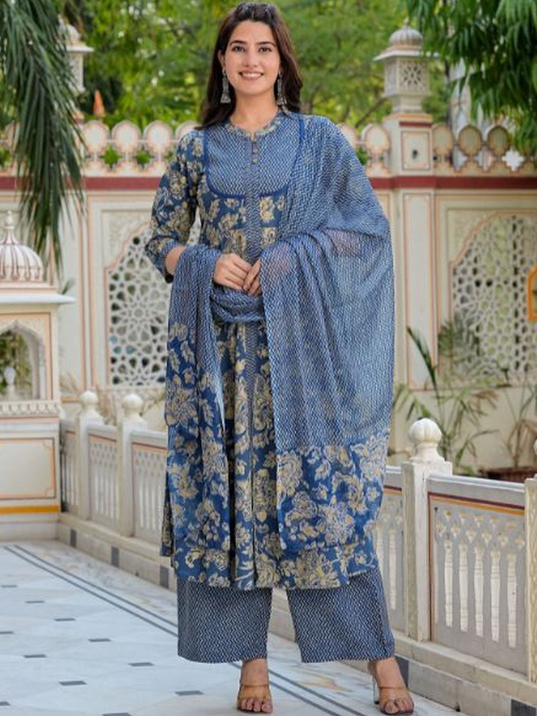 Dhiyona KL Floral Printed Band Collar Kurta with Palazzos & Dupatta