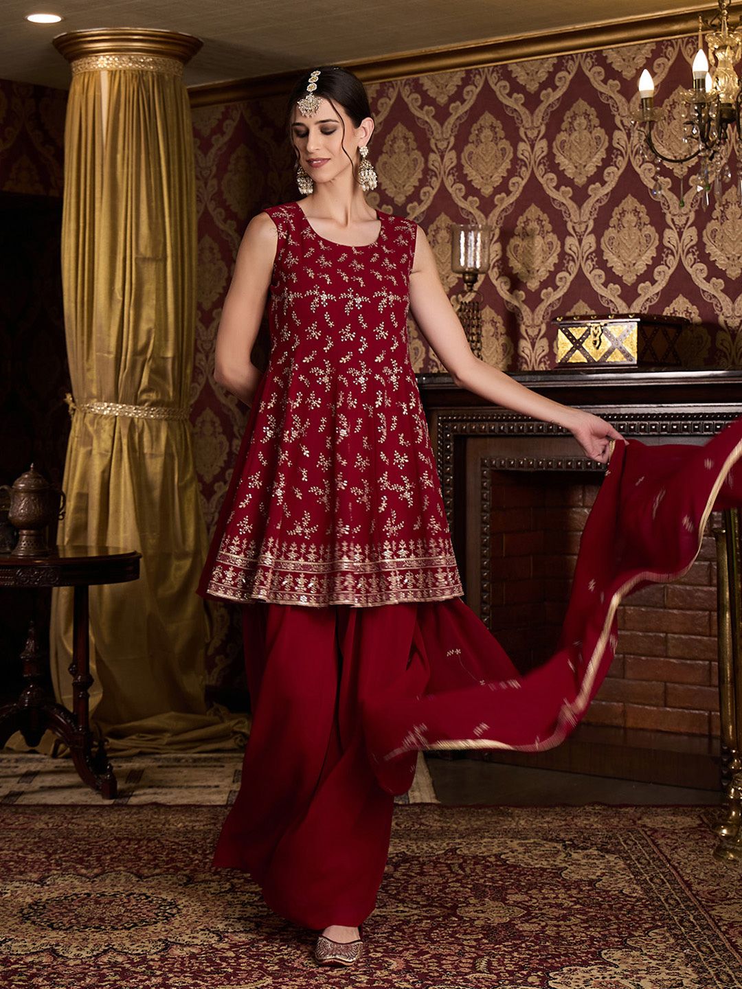 Dhiyona CH Floral Embroidered Sequinned Anarkali Kurta With Palazzos & Dupatta