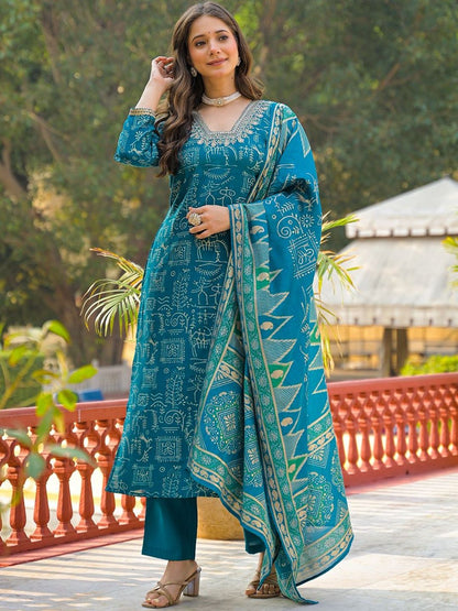 Dhiyona KL Women Ethnic Motifs Printed Regular Thread Work Kurta with Trousers & With Dupatta