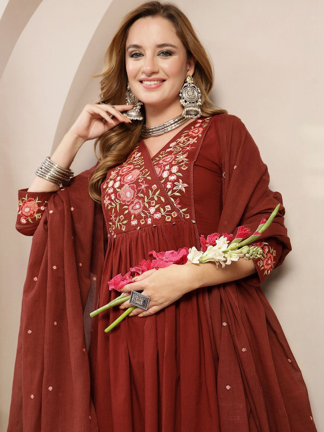Women Floral Embroidered Angrakha Thread Work Pure Cotton Kurta with Palazzos & With Dupatta