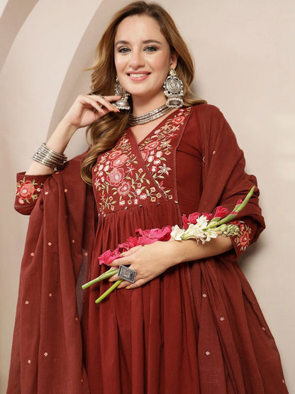 Women Floral Embroidered Angrakha Thread Work Pure Cotton Kurta with Palazzos & With Dupatta