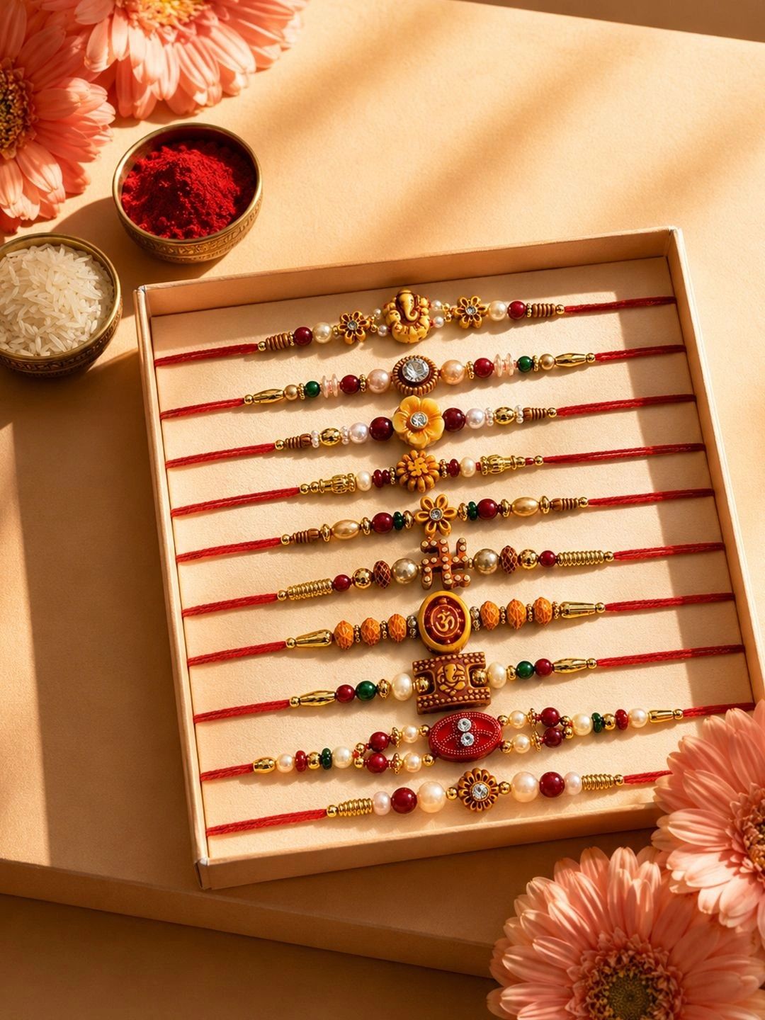 Dhiyona Set Of 10 Artificial Stones & Beads Thread Rakhi With Roli Chawal Chandan Mishri