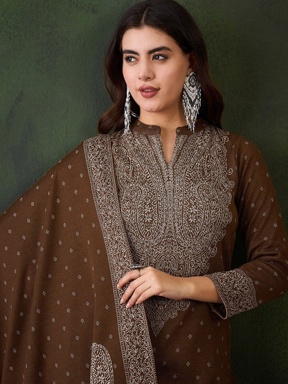 Ethnic Motifs Woven Design Mandarin Collar Straight Kurta With Trouser & Dupatta