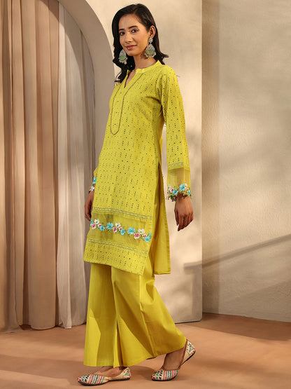 Women Lime Green Embroidered Cotton Straight Suit Set With Dupatta