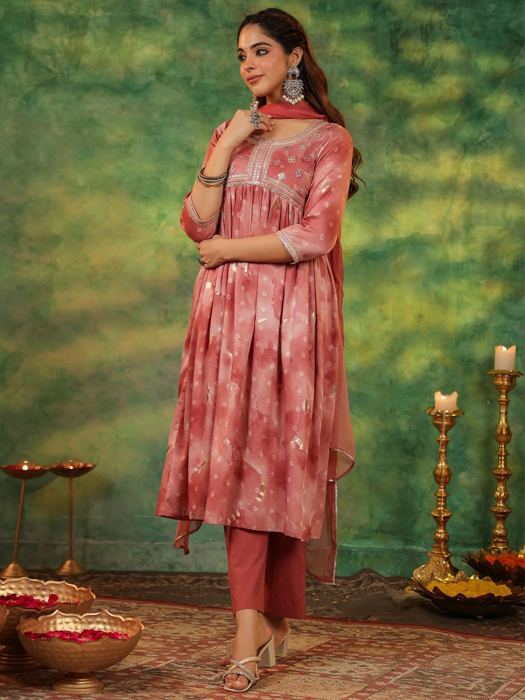 Dhiyona RR Women's Bandhani Printed Pure Cotton Anarkali Kurta With Trousers & Dupatta