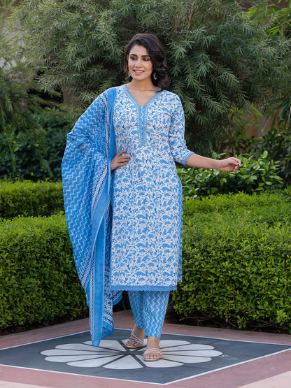 Dhiyona KL Women Floral Printed Regular Pure Cotton Kurta with Trousers & With Dupatta