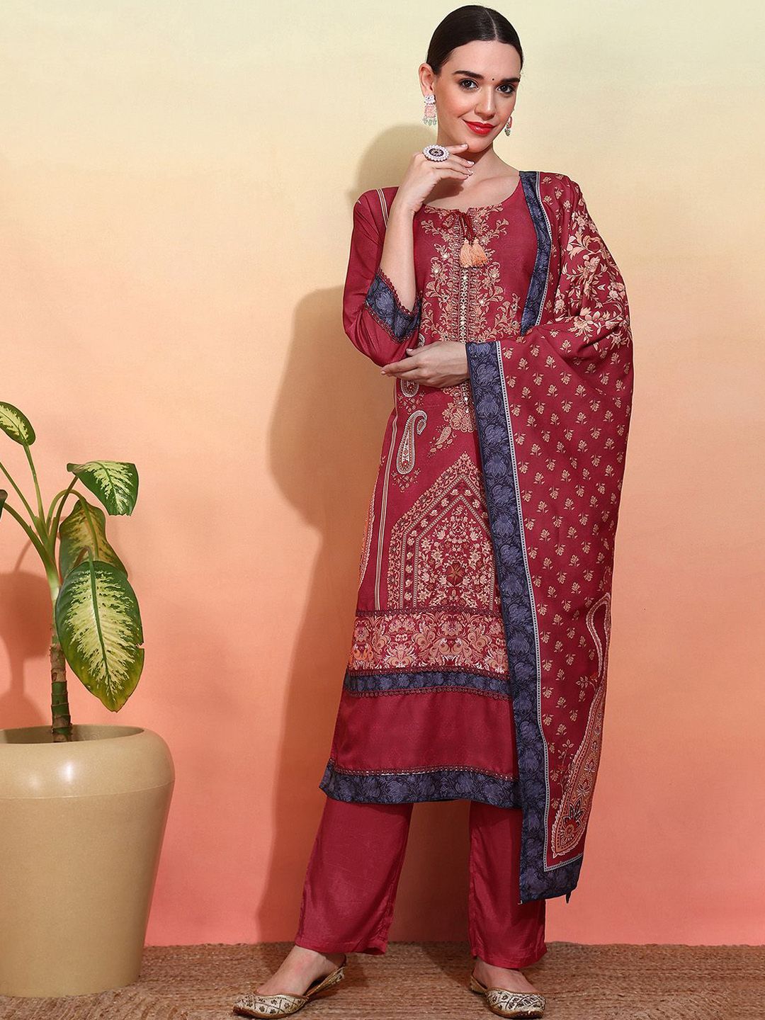 Dhiyona IS Women's Ethnic Motifs Printed Tie-Up Neck Straight Kurta With Trousers & Dupatta