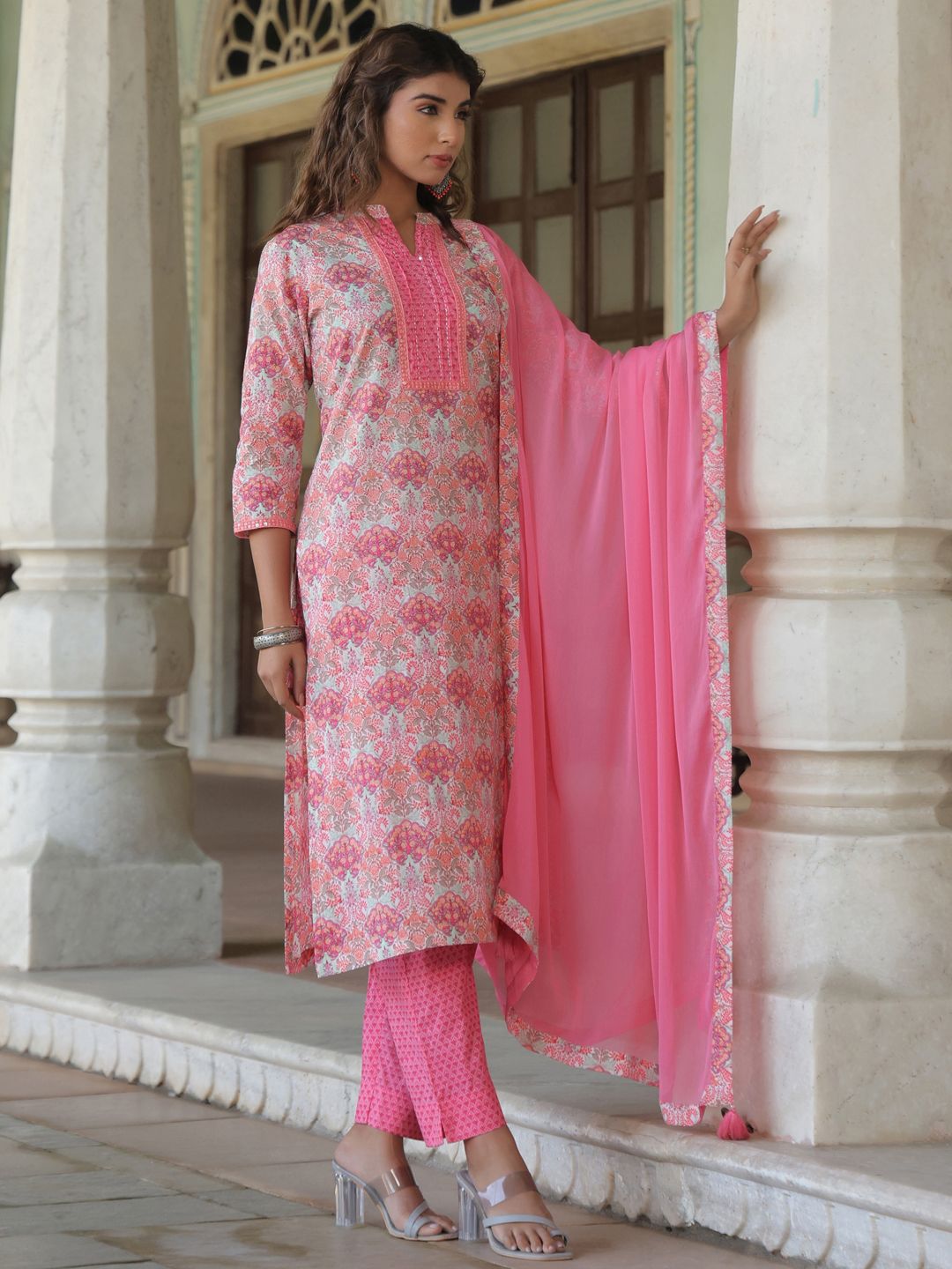 Dhiyona RR Women's Floral Printed Pure Cotton Kurta with Trousers & Dupatta