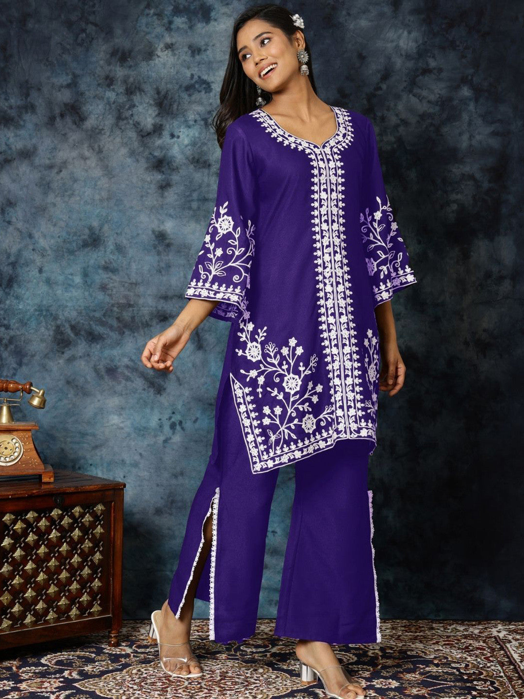 Women Chikankari Embroidered A-Line Kurta & Palazzo